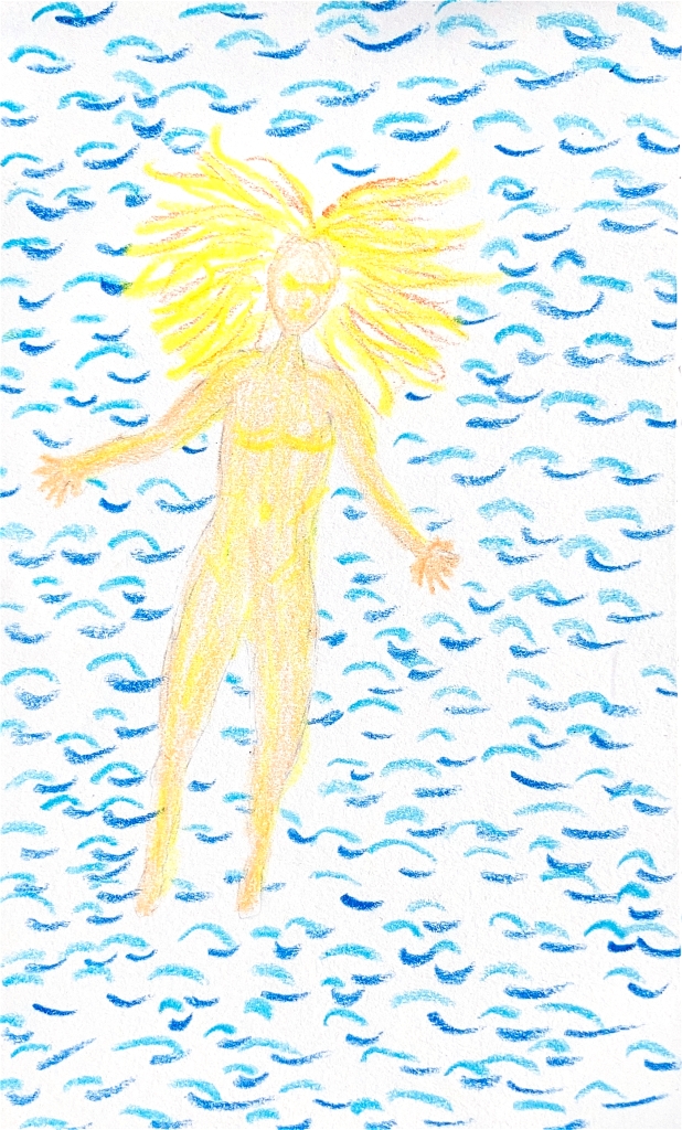 "All it takes is a tiny shift of the wind... thousands of miles away..."
A crayon drawing of a naked woman lying on her back, floating in ripples of water, golden hair suspended around her head.